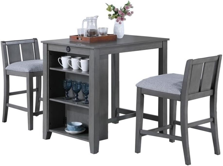 Lilola Home Graham 3-Piece Gray Finish Small Space Counter Height Dining Set with USB Charging Ports, Storage Shelves, and 2 Upholstered Chairs — Space-Saving Table & Chair Set for Apartments