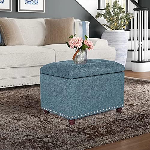 24’’ Rectangular Upholstered Storage Ottoman for Living Room | Fabric Foot Stool with Nail-head Trim- Chests and Organizers , Load Up to 350 lb, Lake Blue