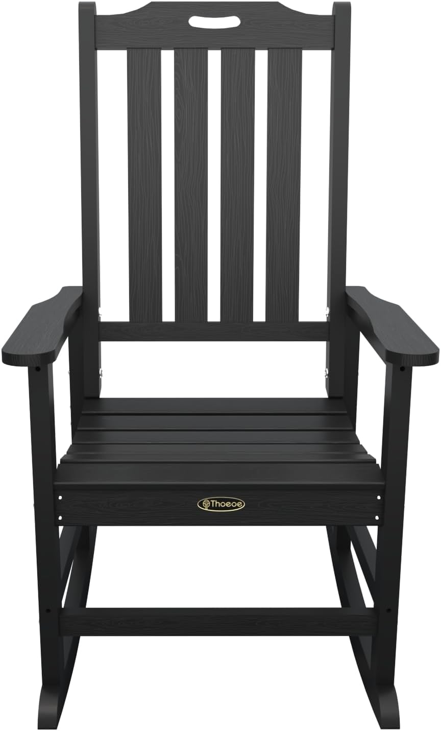 THOEOE Outdoor Rocking Chairs, Oversized Patio Rocking Chair | HDPE Outdoor Rockers for Front Porch, Patio, Backyard, Balcony and Garden. All-Weather High Back Design, Black