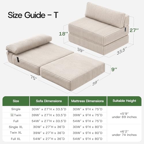 Convertible 4-in-1 Folding Sofa Bed Sleeper Chair Couch Foldable Chaise Lounger & Mattress Pocket Coils+Foam Fill Medium Support, No Assembly for Living Room/Bedroom, Twin Beige
