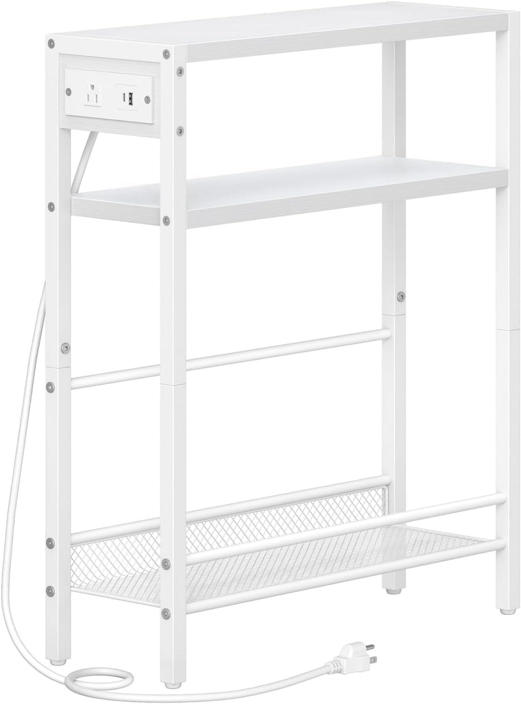 HOOBRO Small Narrow Side Table with Charging Station, Skinny End Table for Small Spaces, Slim Nightstand with USB Ports Outlet, Sofa Beside Table with Storage Shelf, White WT102UBZ01