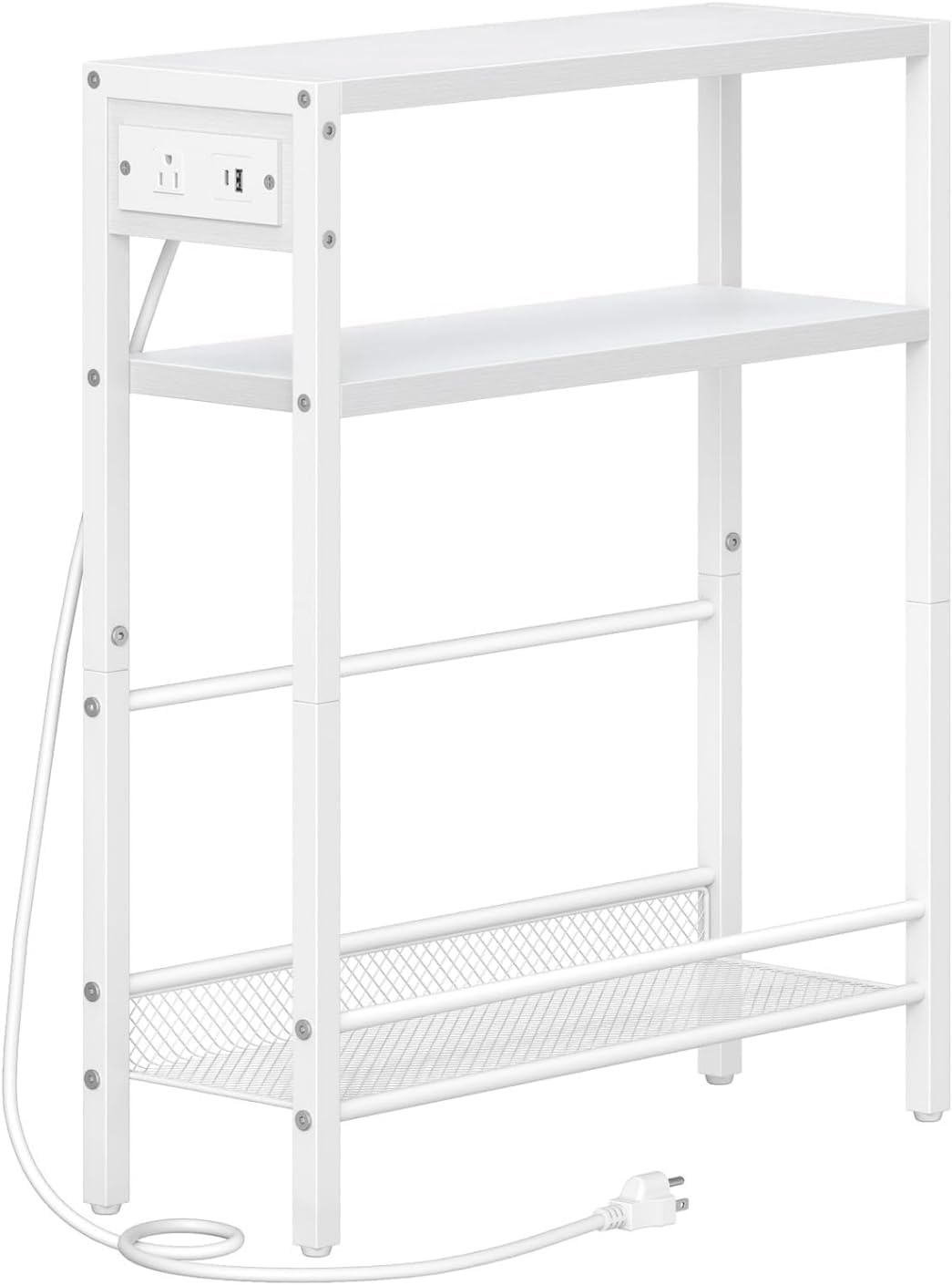 HOOBRO Small Narrow Side Table with Charging Station, Skinny End Table for Small Spaces, Slim Nightstand with USB Ports Outlet, Sofa Beside Table with Storage Shelf, White WT102UBZ01