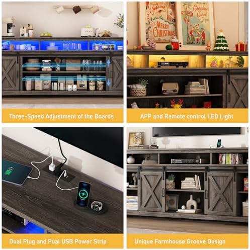 80" LED Farmhouse TV Stand for 90/85/80 Inch TVs,Tall Entertainment Center Storage Cabinets w/Power Outlets and Sliding Barn Door,Rustic TV Stands for Living Room,Media Console Cabinet (Charcoal)