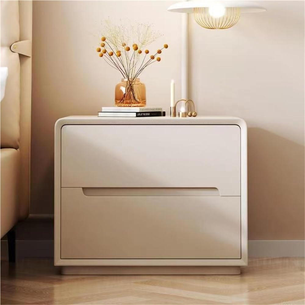 Modern Nightstand, Solid Wood Bedside Table, Simple Night Stand with 2 Drawers, Full-Floor Design Side Table for Bedroom, Living Room(Beige,15.7in)