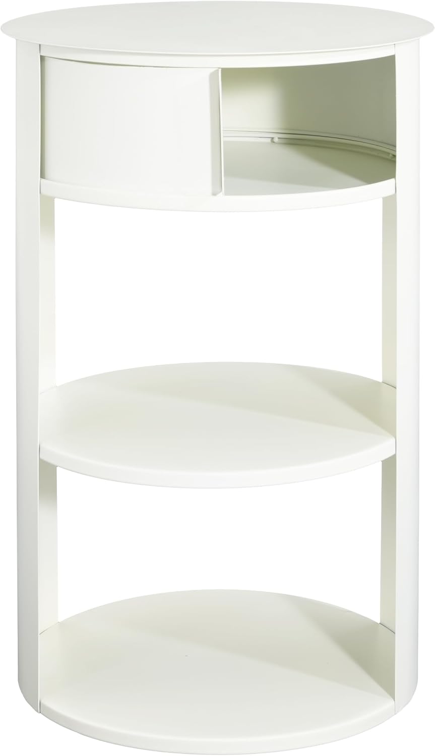 Christopher Knight Home Pomme 3-Tier Metal Small Side Table, Narrow Bedside Table with Sliding Door Cabinet, Bedroom Decoration Organizer, Round End Table with Storage, Space Saving, Matte White