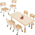 FUNLIO Kids Table and 4 Chairs Set and Adjustable Kids Chair (2pcs), Easy to Wipe Arts & Craftfor Classrooms/Daycares/Homes, CPC & CE Approved - Natural