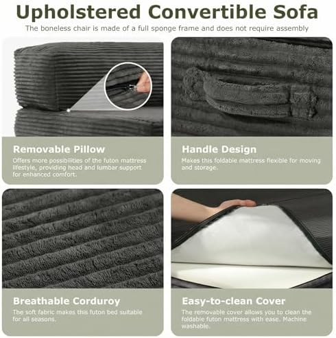 5-in-1 Convertible Sofa Bed, Loveseat, Tri-fold Futon Sofa Bed with Removable Cushions & Washable Cover, Pull Out Couch with Handle, for Small Spaces, Queen Size, Grey