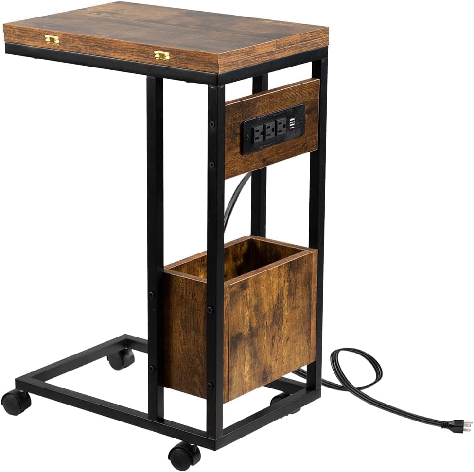 Hadulcet C Shaped End Table with Charging Station & Foldable Tabletop, Folding TV Tray Table with Storage, Laptop Table for Couch, C Table for Sofa, Living Room Bedroom Small Spaces, Rustic Brown