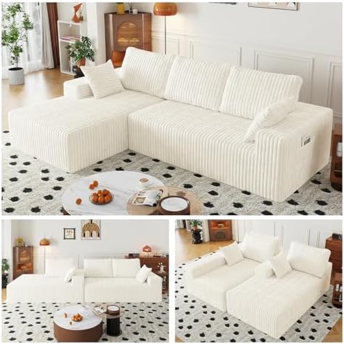 108" Modular Sectional Cloud Cream Couch for Living Room Deep Seat L Shapes Couch with Oversized Chaise Lounge, Comfy Memory Foam Flannel Fabric Sofa for Bedroom Apartment