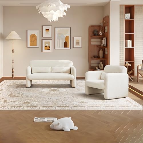 33.86" Accent Chairs, Modern Velvet Fabric Arm Chair Comfy Upholstered Armchair Leisure Single Sofa Chair with a Waist Pillow for Bedroom, Office and Living Room (Beige)