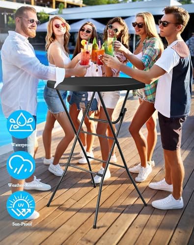 Round Folding Table, 32" Bar Height Tables for Parties and Commercial Events, Portable Plastic Table w/Thick Table Top, Metal Frame, Locking Legs, Indoor Outdoor Accessory, 2 Pack, Black