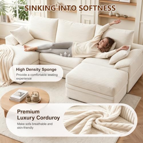 107" Modular Sectional Sofa Couch with Storage,U-Shape 3 Seat Comfy Modern Cloud Couch Sofa with Ottoman, 27" Deep Seat Corduroy Sofa for Living Room, Tool-Free Assembly - Beige