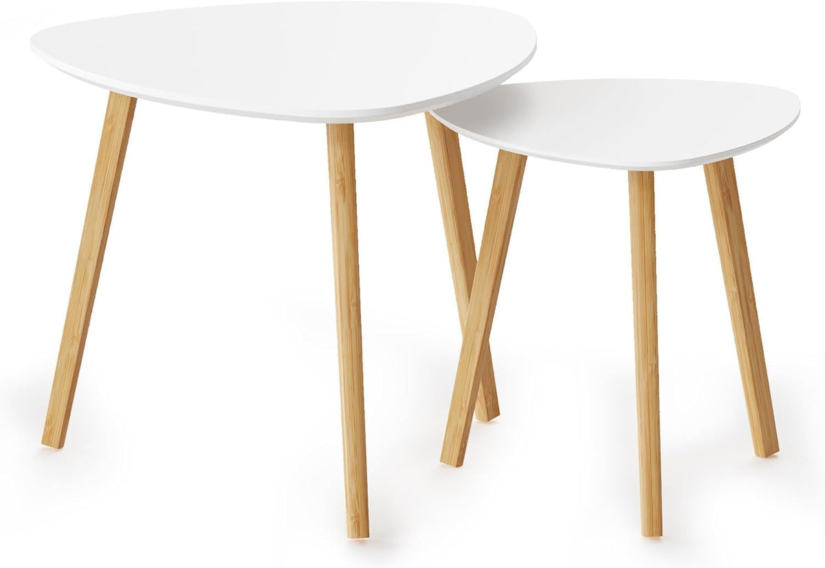 BAMEOS Bamboo Nesting Triangle End Table,Set of 2 Side Table Modern Minimalist Coffee Table for Living Room, Balcony in White