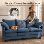 KYJ 69” Small Sofa, Cloud 3-Seat Love Seat, Small Couch for Living Room | 3 Layer Cushion, Washable Pillow, Deep Seat, Chenille Fabric, Raised Leg, Curved Armrest, In a Box for Small Spaces, Blue