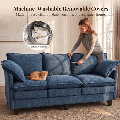 KYJ 69” Small Sofa, Cloud 3-Seat Love Seat, Small Couch for Living Room | 3 Layer Cushion, Washable Pillow, Deep Seat, Chenille Fabric, Raised Leg, Curved Armrest, In a Box for Small Spaces, Blue