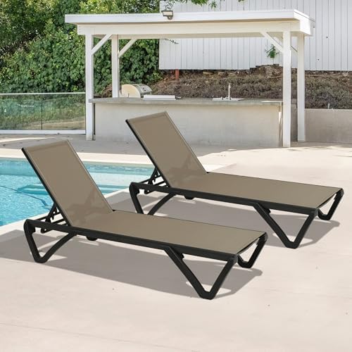Domi Pool Lounge Chairs Set of 2, Aluminum Patio Chaise Lounge with Wheels, 5 Position Adjustable, All Weather Outdoor Lounge Chairs for Beach, Yard, Balcony, Poolside, Khaki
