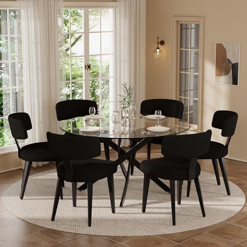 Boucle Chairs Set of 6, Modern Black Upholstered Dining Chairs with Black Metal Legs, Boucle Dining Chairs with Curved Backrest for Dining Room, Kitchen(Only Chairs)