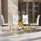 5-Piece Dining Table Set for 4, Modern Rectangular Glass Table with 4 Upholstered Leather Chairs, Space-Saving Dining Room Furniture Table & Chair Sets for Small Spaces & Apartment(White&Gold)