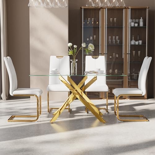 5-Piece Dining Table Set for 4, Modern Rectangular Glass Table with 4 Upholstered Leather Chairs, Space-Saving Dining Room Furniture Table & Chair Sets for Small Spaces & Apartment(White&Gold)