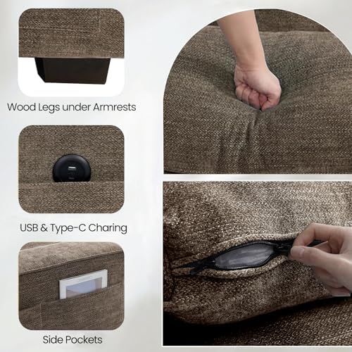 TEKAMON 100" Modular Sofa with Seats Storage, Comfy 3-Seater Chenille Fabric Couch for Living Room, Office, Apart W/Deep Seat, USB Charging, Upholstered Couch with Removable Cover(Brown)