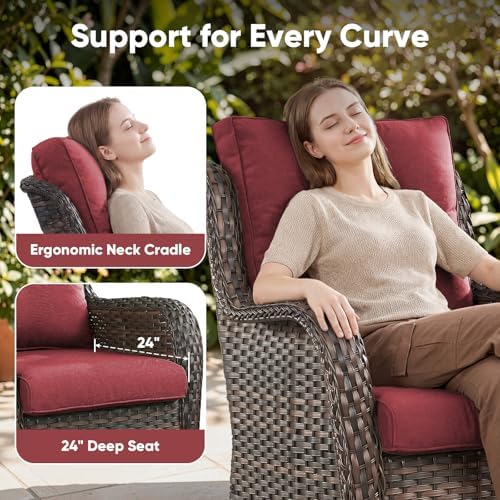Belord Outdoor Swivel Chairs Set of 2,Patio Wicker Rocker Chairs,All Weather Patio Conversation Furniture Set, Ideal for Porch Balcony Deck Yard, Brown Wicker/Red