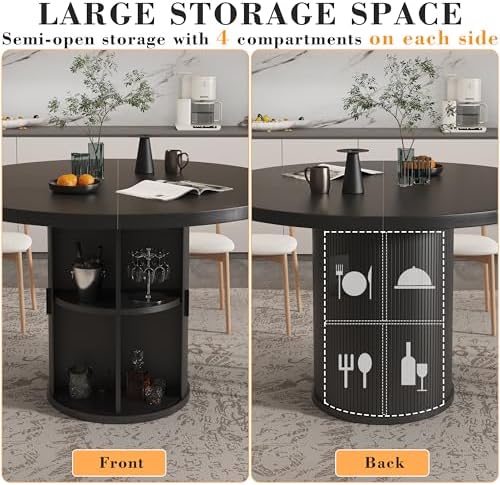 35.5'' Round Pedestal Dining Table, 2-4 Modern Fluted Dining Room Kitchen Table with Storage Shelf, Wood Base Dinner Tables for Kitchen, Breakfast Nook, Small Space, Living Room(Black)