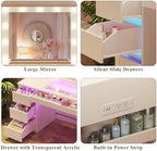 HUAHUU Vanity Desk with Lighted Mirror & Transparent Top, Makeup Vanity Desk with 4 Transparent Drawers and RGB Lighting, Built-in Power Outlet, 3-Tier Side Shelves & Storage Organizer for Bedroom