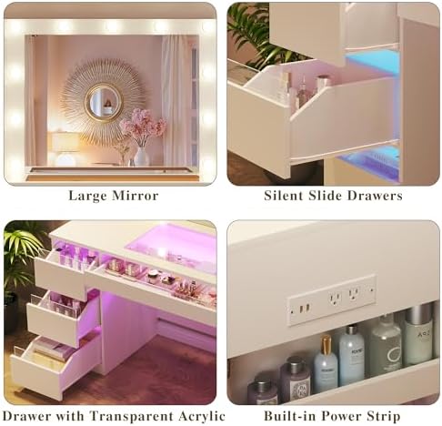 HUAHUU Vanity Desk with Lighted Mirror & Transparent Top, Makeup Vanity Desk with 4 Transparent Drawers and RGB Lighting, Built-in Power Outlet, 3-Tier Side Shelves & Storage Organizer for Bedroom