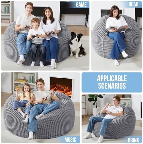 3 FT Bean Bag Chair,3' Big Bean Bag,Large Bean Bag Chairs for Adults | Comfy Beanbag Chairs with Memory Foam Filled,Soft Bean Bag Sofa with Machine Washable Dutch Corded Plush Cover-Dark Grey