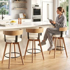 Ya-Home Mid-Century Bar Stools Set of 3, 26 Inch Swivel Counter Height Stools Linen Fabric Barstools with Barrel Backrest Wooden Legs for Kitchen Island Dining Room, White