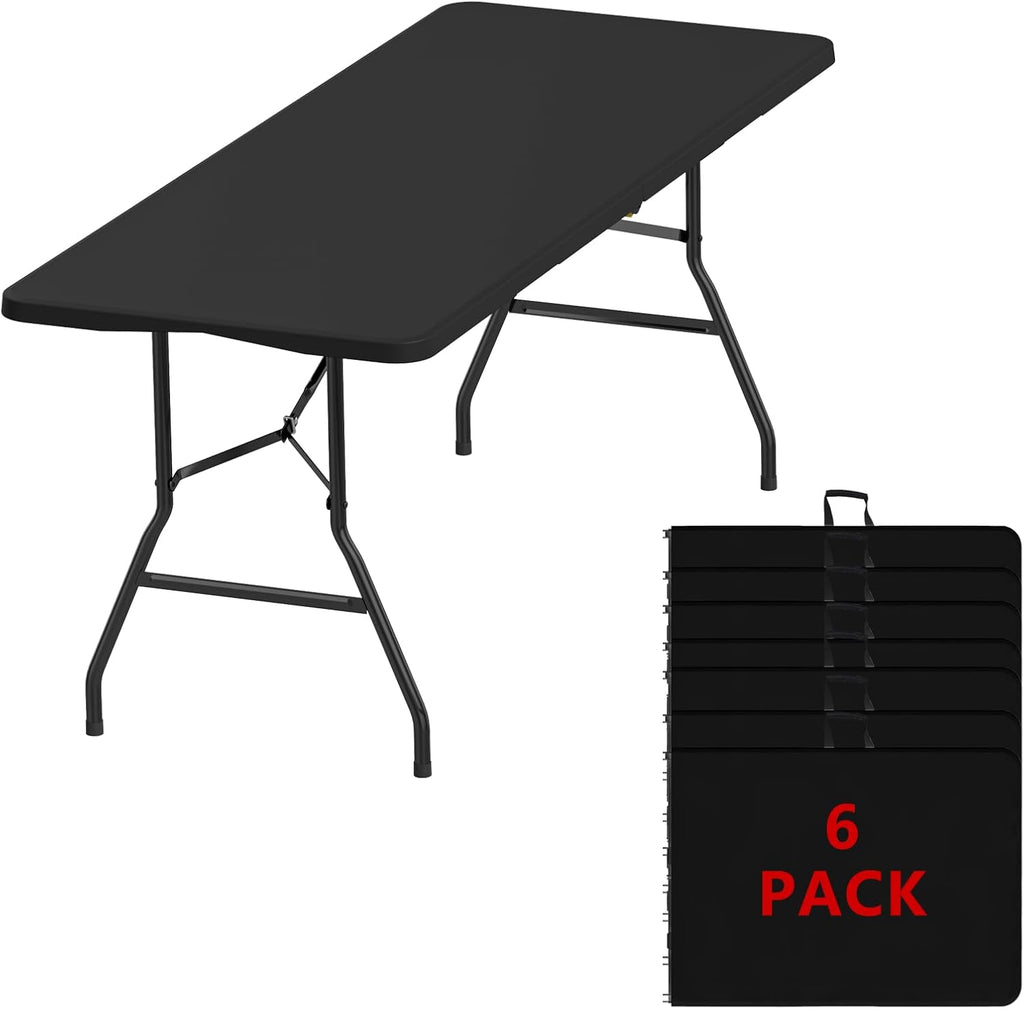 6FT Folding Tables – Heavy Duty Portable Foldable Picnic Table with Built-in Handle, 450 lb Capacity – Ideal for Events, Parties, Crafts, Camping & Dining (6-Pack, Black)