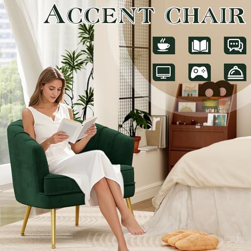 Andeworld Velvet Accent Chair, Barrel Armchair, Green | Velvet Upholstery, Golden Metal Legs, Comfy Barrel Back, Modern Style, Living Room Bedroom Office