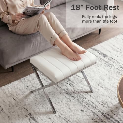 DUHOME Vanity Stool,Modern PU Leather Ottoman Stool Chair for Vanity Bench with Metal X Legs, Rectangle Makeup Stools Padded Foot Rest Ottoman for Makeup Room, Living Room, Bathroom,White
