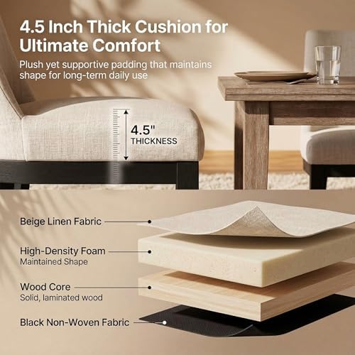 HNY Beige Linen Dining Chairs Set of 6, Soft Upholstered Dining Room Chairs | Comfortable Back Support, Black Brushed Solid Wood Legs, Modern Farmhouse Kitchen Chairs for Living Room, Home, Apartment