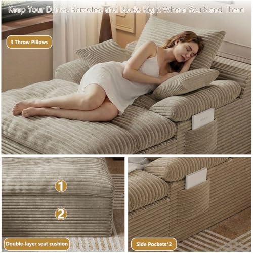 65" Oversized Chaise Lounge Chair Indoor, Chaise Lounge Chair Double Layer Side Pockets 3 Pillows, Cloud Corduroy Chaise Sofa Bed Sleeper Couches for Living Room No Assembly Require,Camel