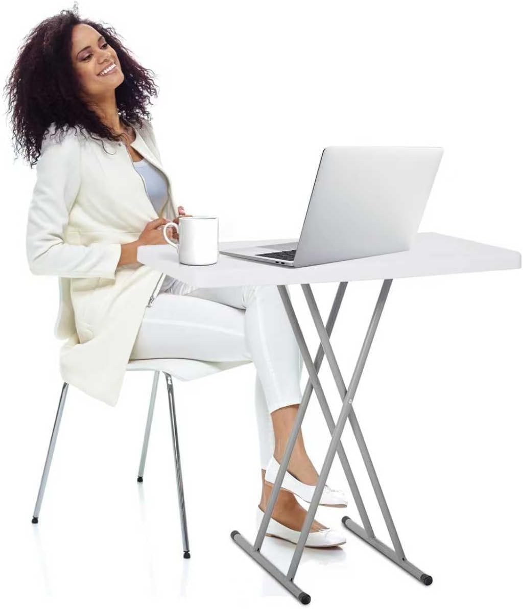 30 Inch - Small Desk Adjustable Height TV Tray for Laptop,Couch, Camping - Heavy Duty Utility Foldable Table for Small Spaces, Portable White Granite Folding Table