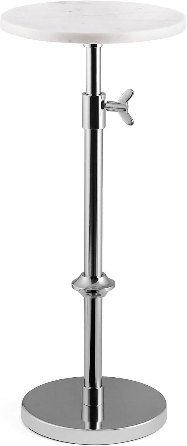 Modern Chrome Side Table Adjustable Height – Polished Chrome Finish Bedside Table, Coffee Table or Plant Stand, 29” Tall with Marble Top and Aluminium Iron Frame for Bedroom, Bathroom, or Living Room