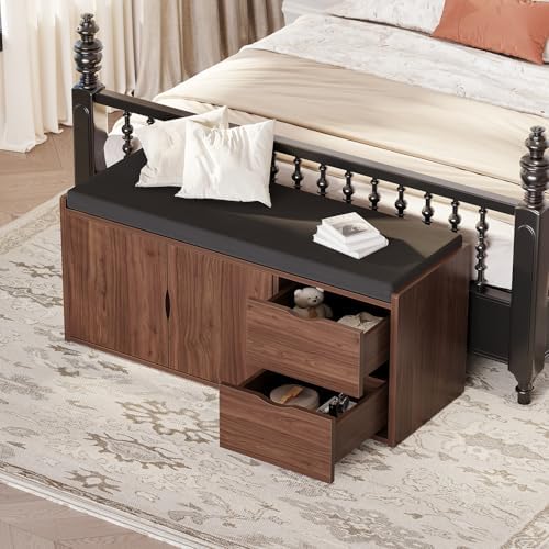 LVB 40” Entryway Bench with Padded Seat Cushion Shoe Bench with 2 Drawers | Wood Hidden Shoe Bench with 2 Drawers Cabinet, Industrial storage Bench for Foyer entrance Living Bedroom, Walnut Oak