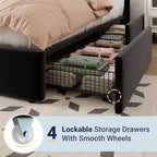 Allewie Queen Size Storage Bed Frame, Vertical Channel Tufted Adjustable Headboard, Velvet Upholstered Platform Bed with 4 Oversized Underbed Drawers, Wooden Slats Support, No Box Spring Needed, Black