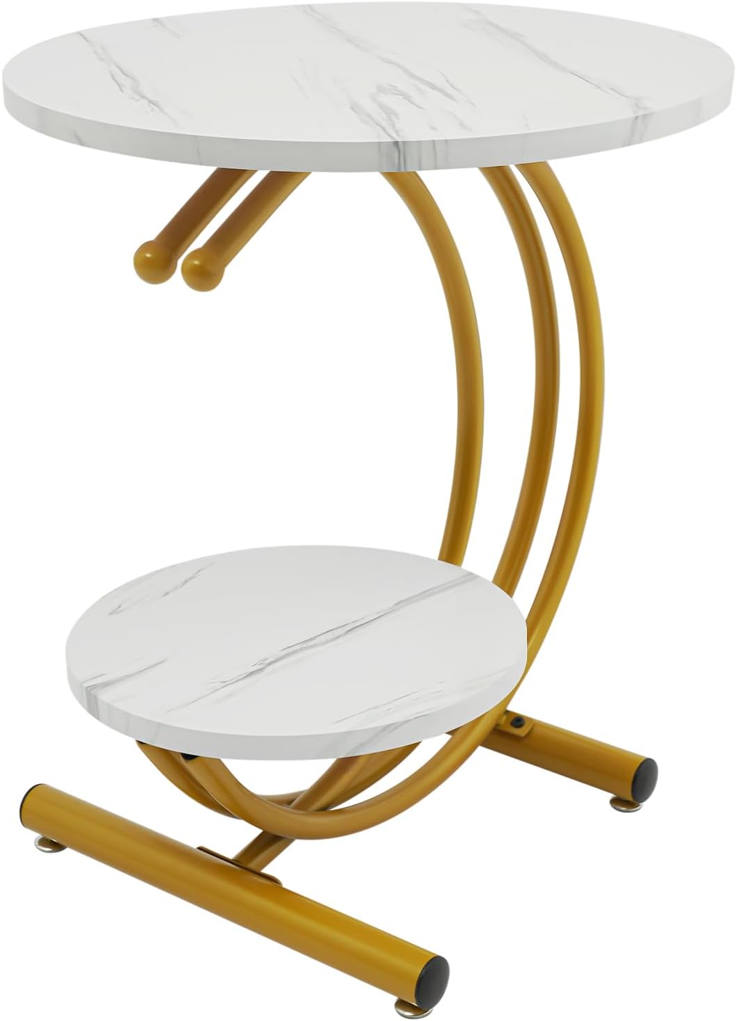 Round End Table, 2-Tier Side Table with Storage Shelves, Small Bedside Table with Arc-Shaped Frame, Wooden Vintage End Tables for Living Room Bedroom, 23.62in Height (Gold Frame + White Board)