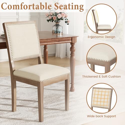 Dining Chair Set of 6, Mid Century Modern Upholstered Dining Room Chairs, Fabric High Back Kitchen Chairs with Nailhead Trim and Wood Legs for Living Room Kitchen Restaurant, Beige