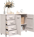 White Solid Pinewood and MDF Sideboard with 4 Drawers and 2 Doors, Modern Storage Cabinet for Dining Room Living Area Hallway Entryway Buffet Console