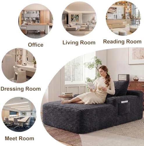 65" Oversized Chaise Lounge Chair Indoor, Chaise Lounge Chair with Cup Holders Side Pockets 3 Pillows, Cloud Corduroy Chaise Sofa Bed Sleeper Couches for Living Room No Assembly Require,Grey