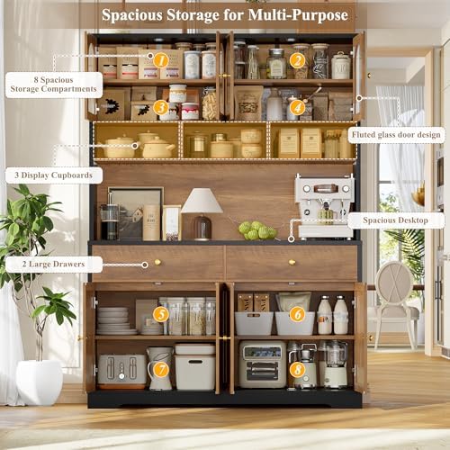 FINETONES 71" Pantry Cabinet, Tall Kitchen Pantry with Charging Station | 47.2" Wide Kitchen Hutch Food Storage Cabinets with Open Countertop, Kitchen Pantry Cabinet for Dining Room, Black/Brown