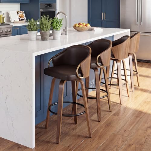 24.8" Swivel Counter Height Bar Stools Set of 2,Brown Leather Barstools Mid Century Modern Bar Chairs with Wood Legs and Golden Arms for Kitchen Dining Pub Cafe