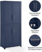 Pemberly Row Traditional Wood Kitchen Storage Pantry, Navy Finish, MDF and Birch Veneer, 67" H x 28" W x 15" D, Adjustable Shelves, Shaker-Style Doors, Brushed Nickel Hardware, Home and Kitchen