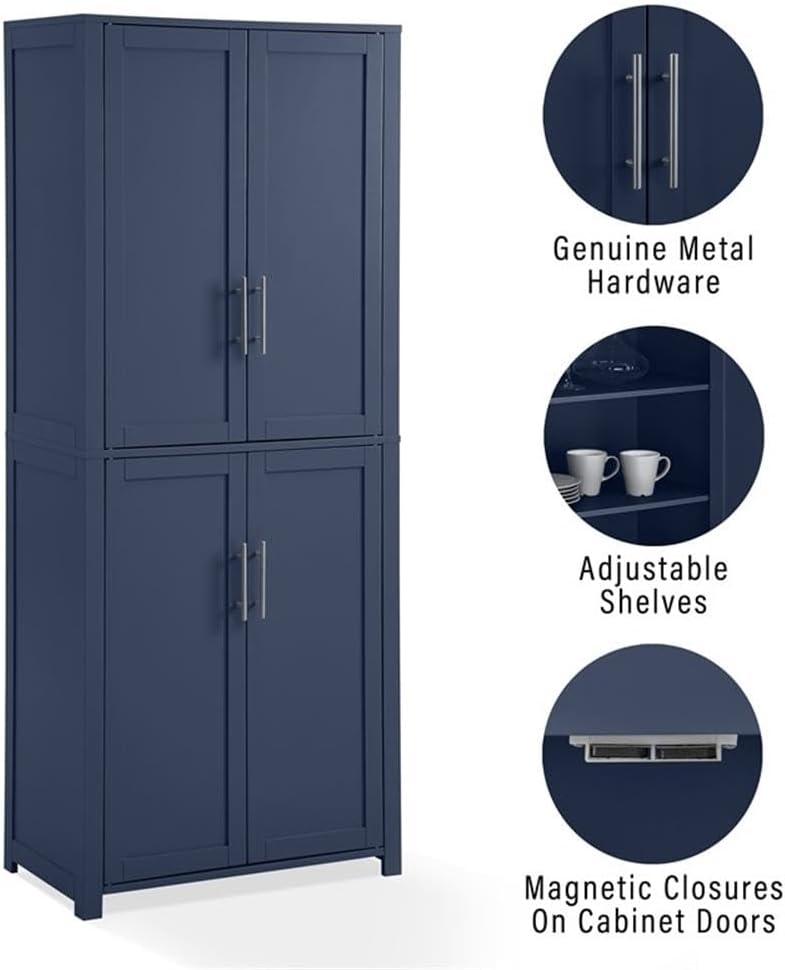 Pemberly Row Traditional Wood Kitchen Storage Pantry, Navy Finish, MDF and Birch Veneer, 67" H x 28" W x 15" D, Adjustable Shelves, Shaker-Style Doors, Brushed Nickel Hardware, Home and Kitchen