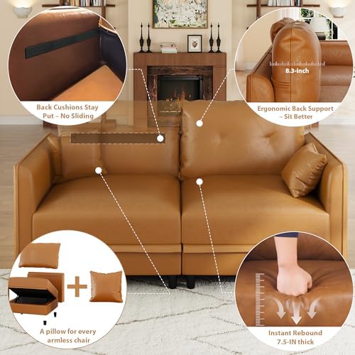 LLappuil 7-Seater L-Shaped Sectional Modular Sofa with Storage, Deep Seat Faux Leather Couches for Living Room, Waterproof & Scratch Resistant, Cognac Tan