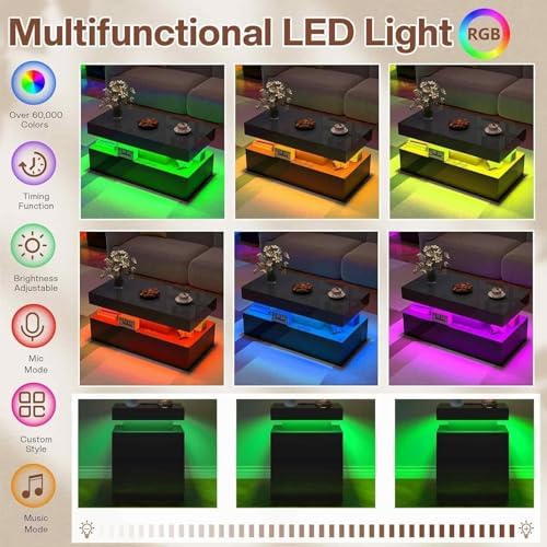 LUXOAK 3-Piece Modern Coffee Table Set with LED Lights | High-Gloss Finish, Coffee Table with Storage, 2 End Tables with Charging Stations, Living Room & Office Use, Black