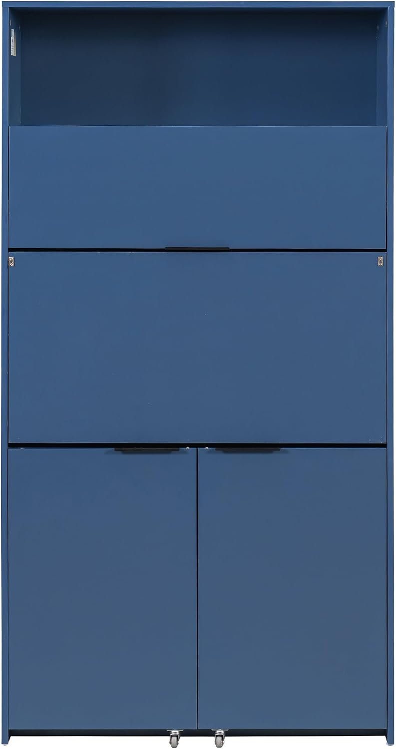 Compact Kitchen Pantry,69''H Buffet with Hutch and Foldable Workstation,Storage Cupboard with Adjustable Shelf and Power Outlet for Dining, Living Room (Dark Blue-f)